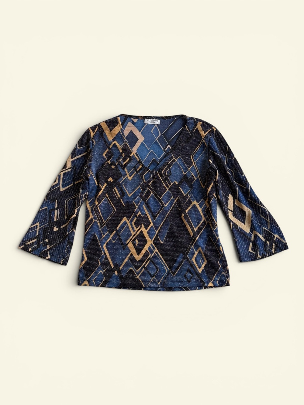 VTG Y2K Maria Gabrielle Blue Geometric Diamond V-Neck Top Metallic Boho Medium